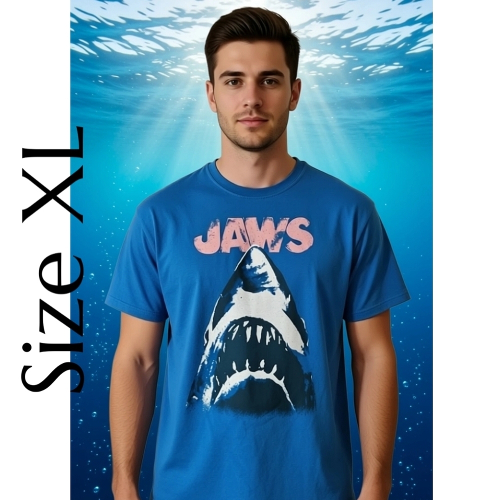 Jaws Shark Graphic T-Shirt Unisex Blue Short Sleeve Classic Movie Style XL